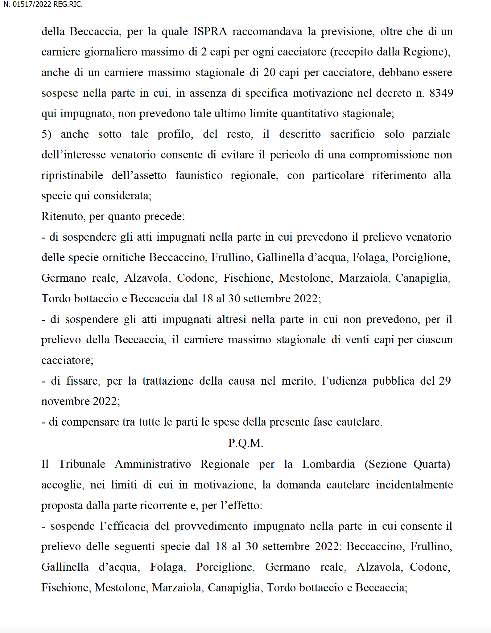 Ordinanza del TAR Lombardia n° 1517 del 2022